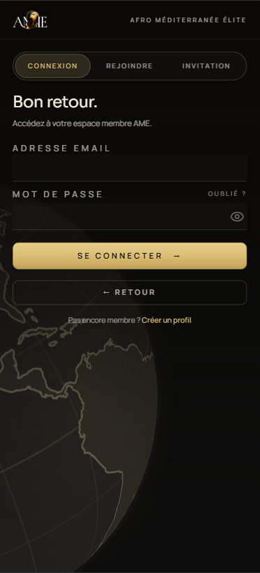 Aperçu de l'application AME — écran de connexion