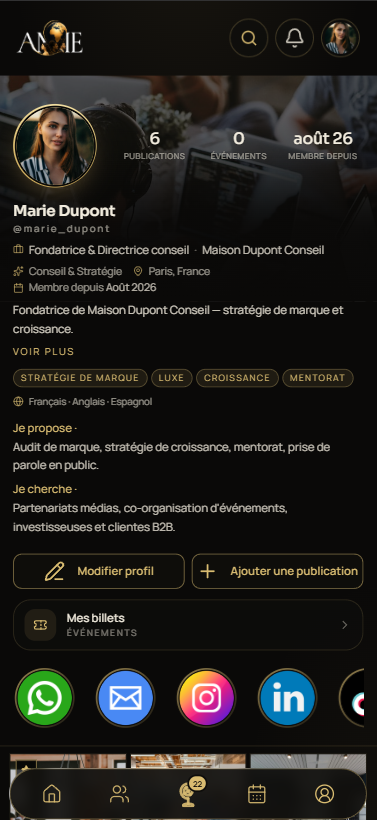 Aperçu de l'application AME — écran de profil