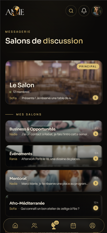 Aperçu de l'application AME — écran salon
