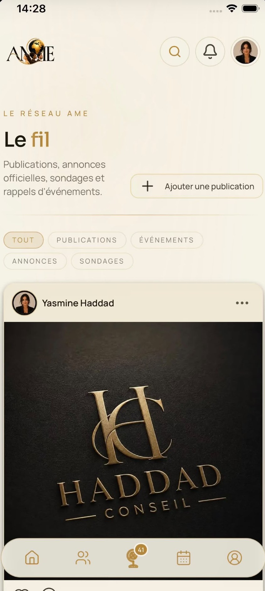 Application AME — écran du fil