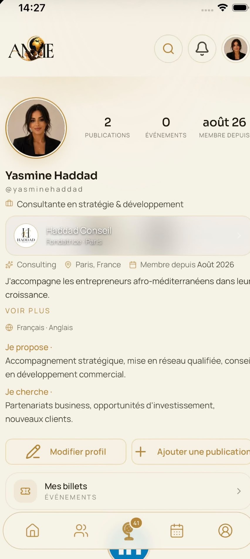 Application AME — écran de profil