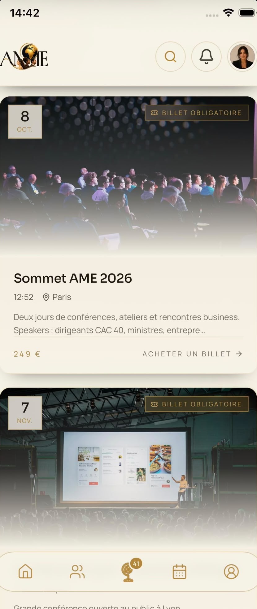 Aperçu de l'application AME — écran salon